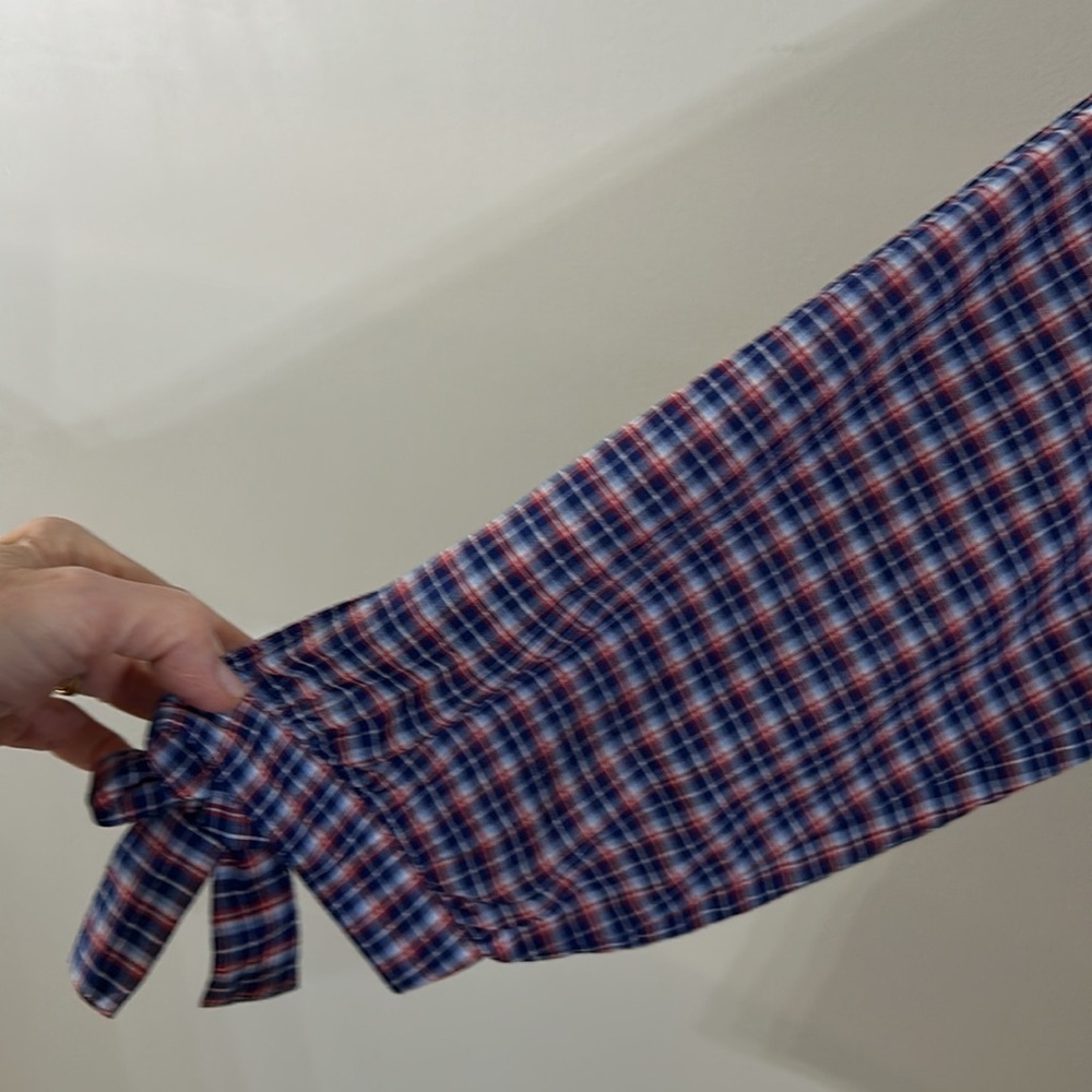 Madewell 79 cotton 21 linen L popover plaid blouse red blue white tie sleeves - Picture 5 of 8